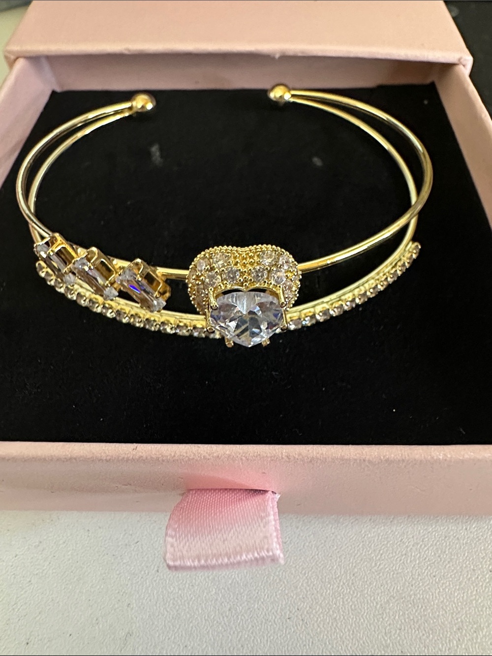 Gold Tone Double-Band Crystal Heart Bangle Bracelet